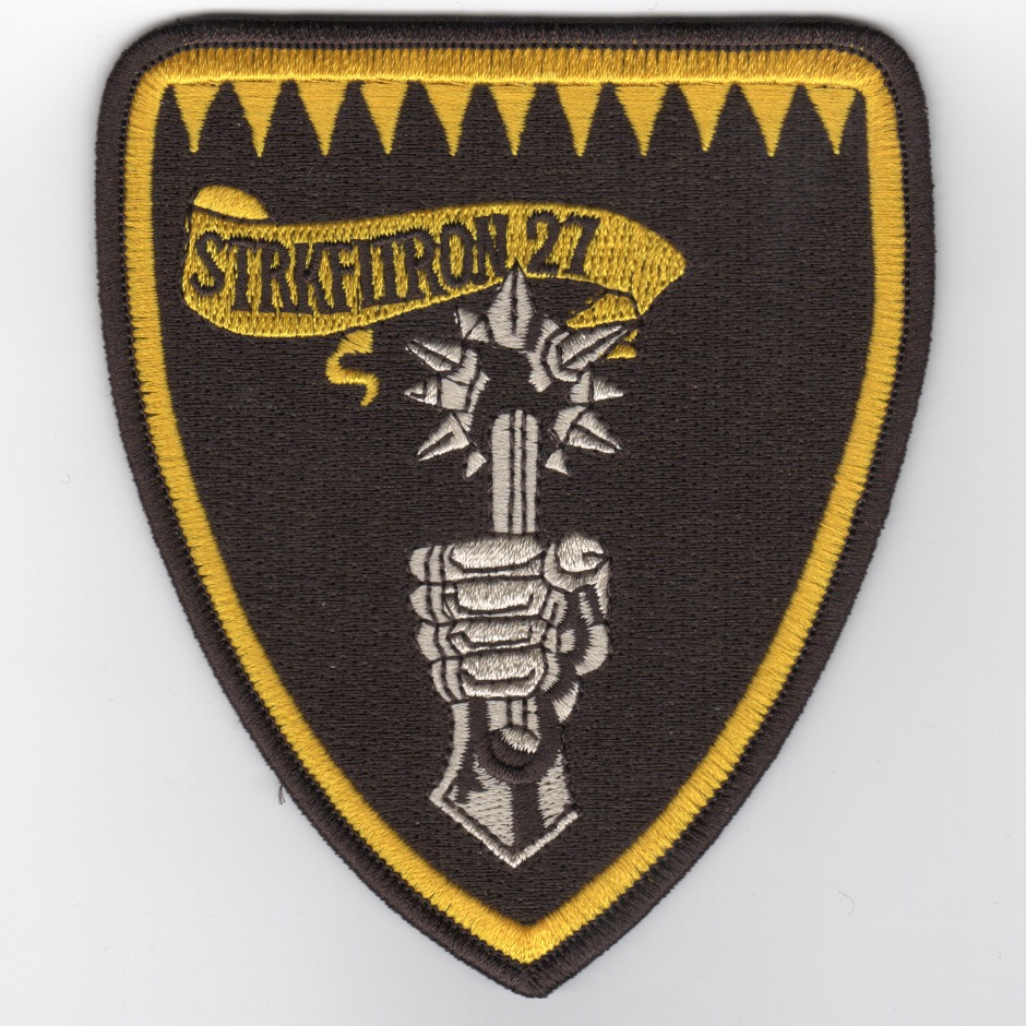 VFA-27 Squadron Shield Patch (Blk-Ylw/SILVER Hand-Mace)